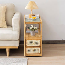 Load image into Gallery viewer, Modern Bamboo Side Table with Glass Top & Storage