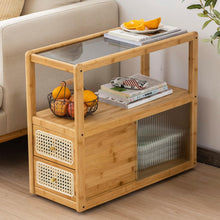 Load image into Gallery viewer, Modern Bamboo Side Table with Glass Top & Storage