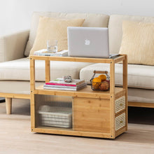Load image into Gallery viewer, Modern Bamboo Side Table with Glass Top & Storage