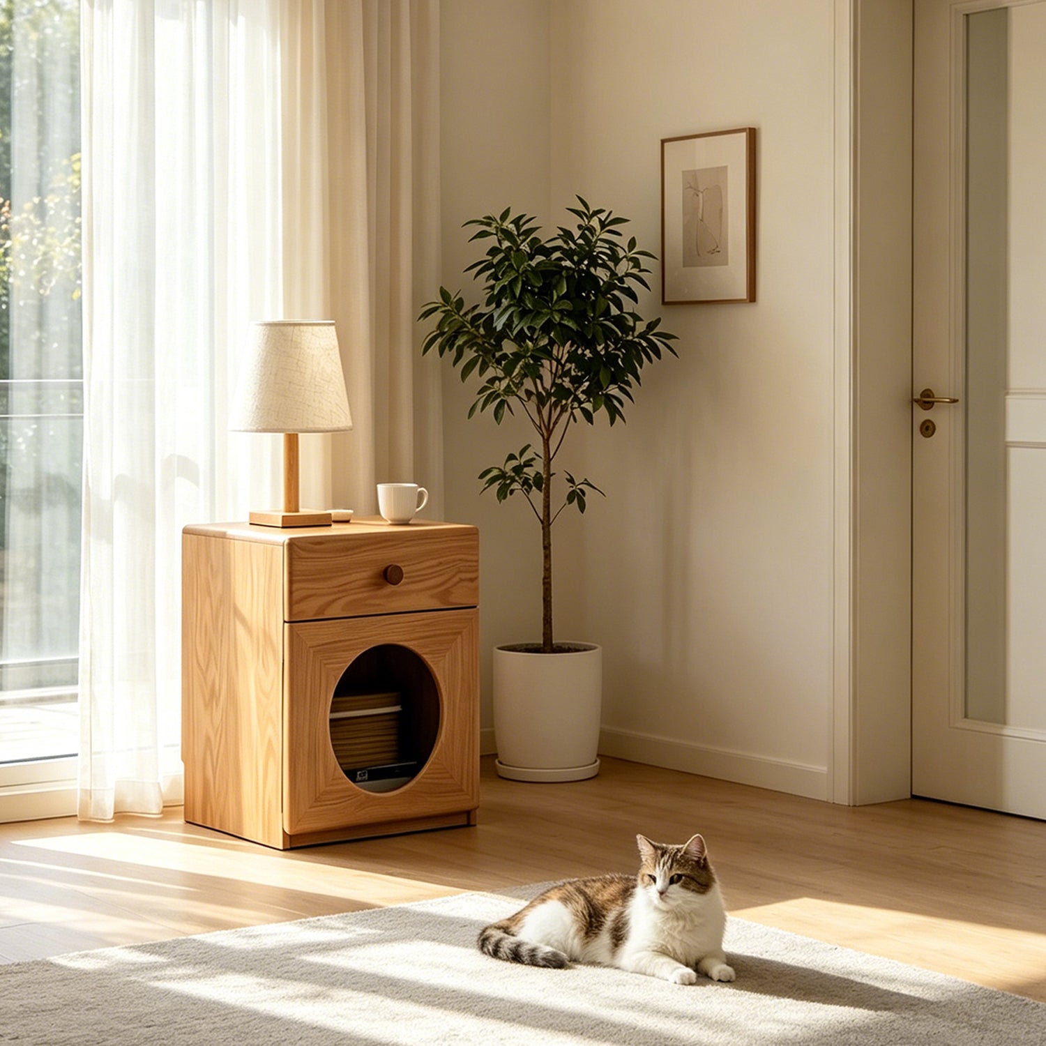 Nordic Natural Wood Cat Bed Nightstand, 2-in-1 Pet Furniture for Small Spaces