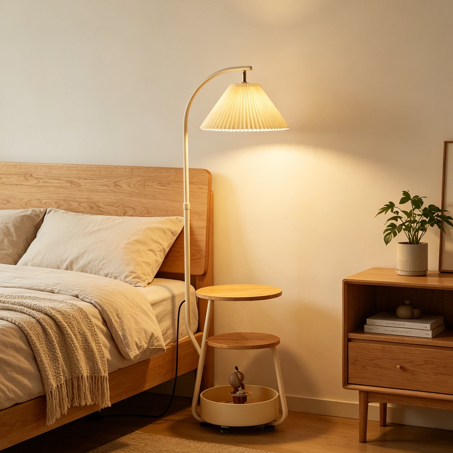 3-in-1 Floor Lamp with Storage Cart & Coffee Table, 3-Color Light for Small Nordic Homes