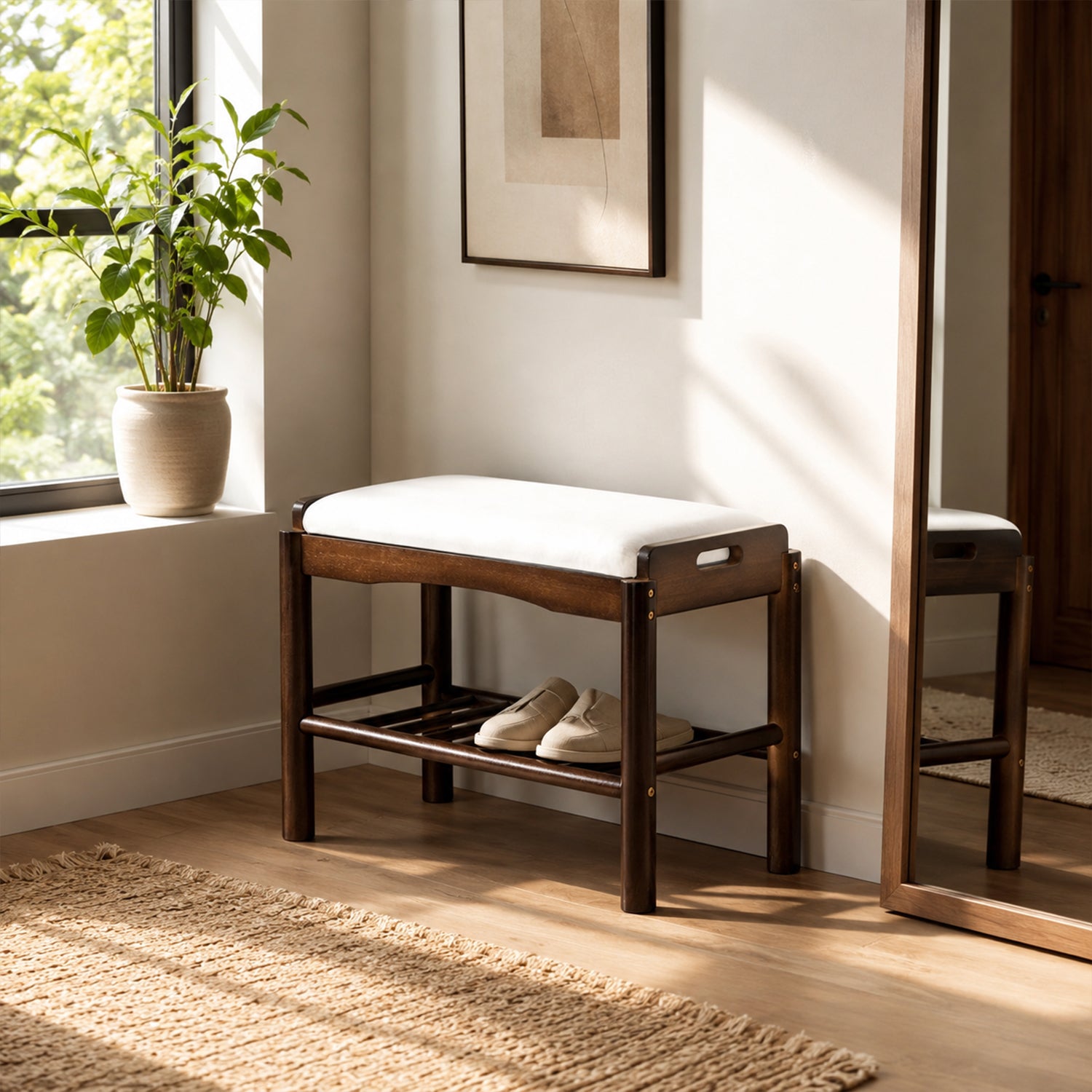 Scandinavian Walnut Foot Stool, 60cm & 80cm Sizes, Warm Wood Ottoman for Cozy Homes