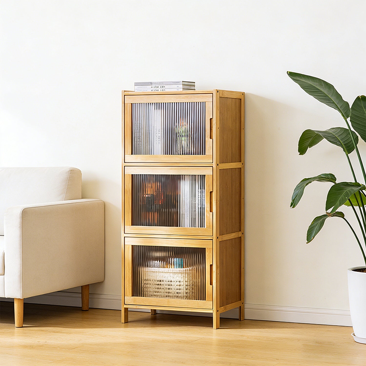 3-Tier Natural Wood Glass Cabinet