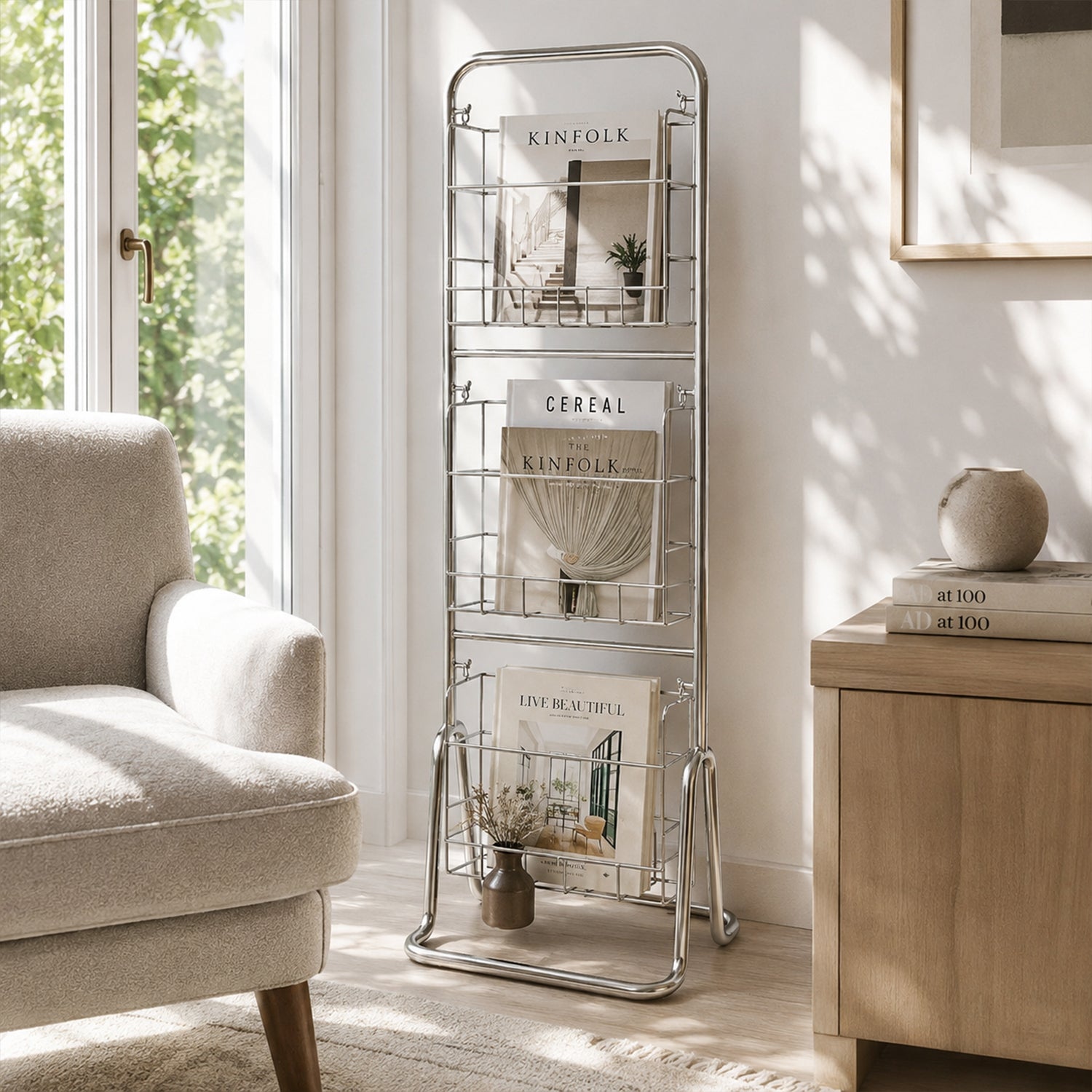 Floor‑Standing Metal Magazine Display Rack，Silver