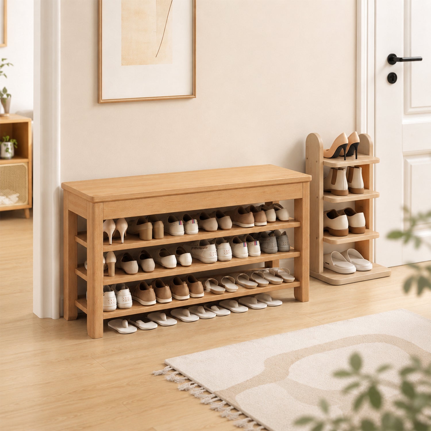 Rubber Wood Multifunctional Shoe Bench, Entryway Shoe Cabinet with Seat