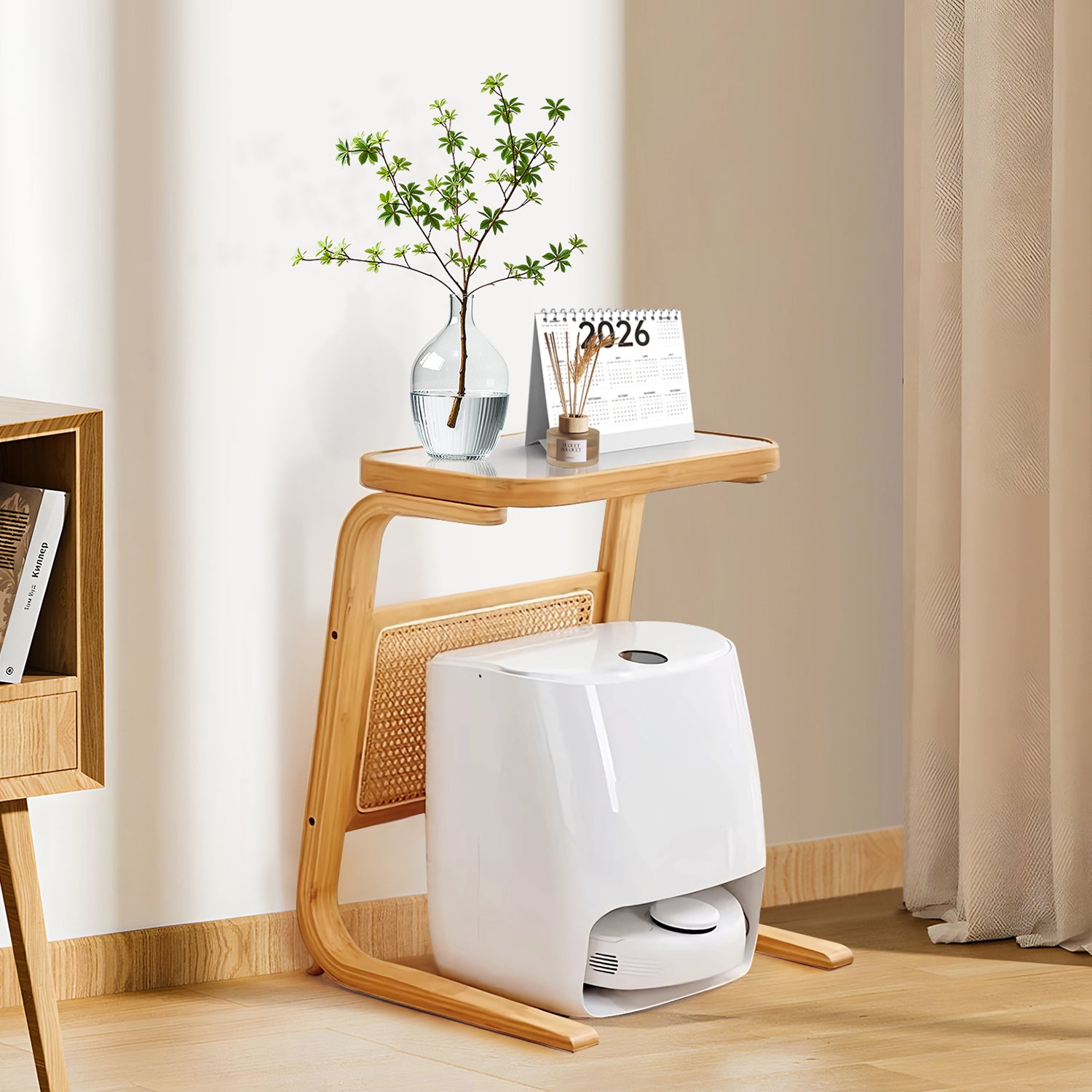Nordic C-Shaped Wood Side Table for Robot Vacuum