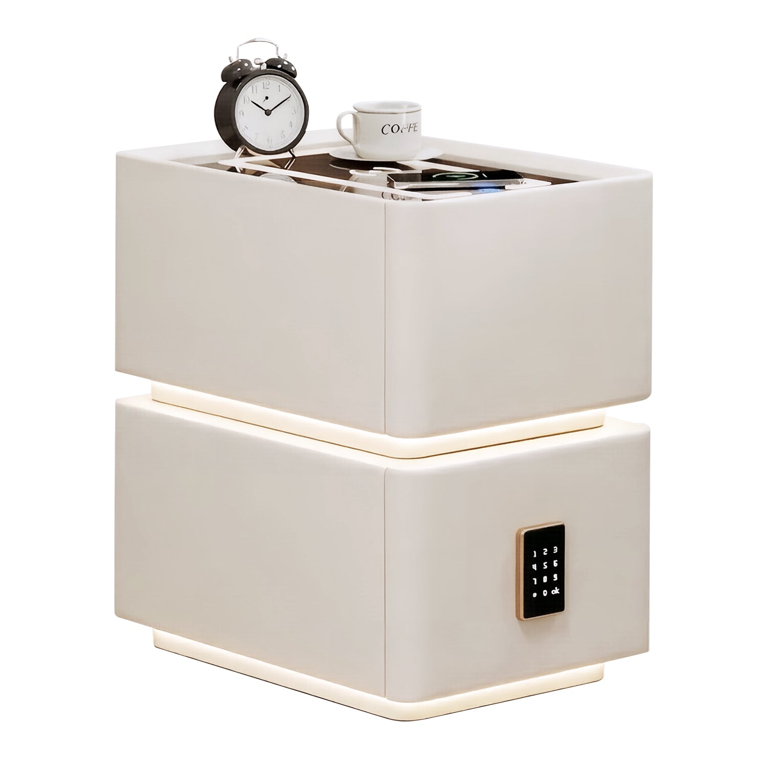 40cm Wide Smart Solid Wood Nightstand with Combination Lock, 3 Tone LED Light, Wireless USB Charging, 2 Drawer Secure Bedside Cabinet