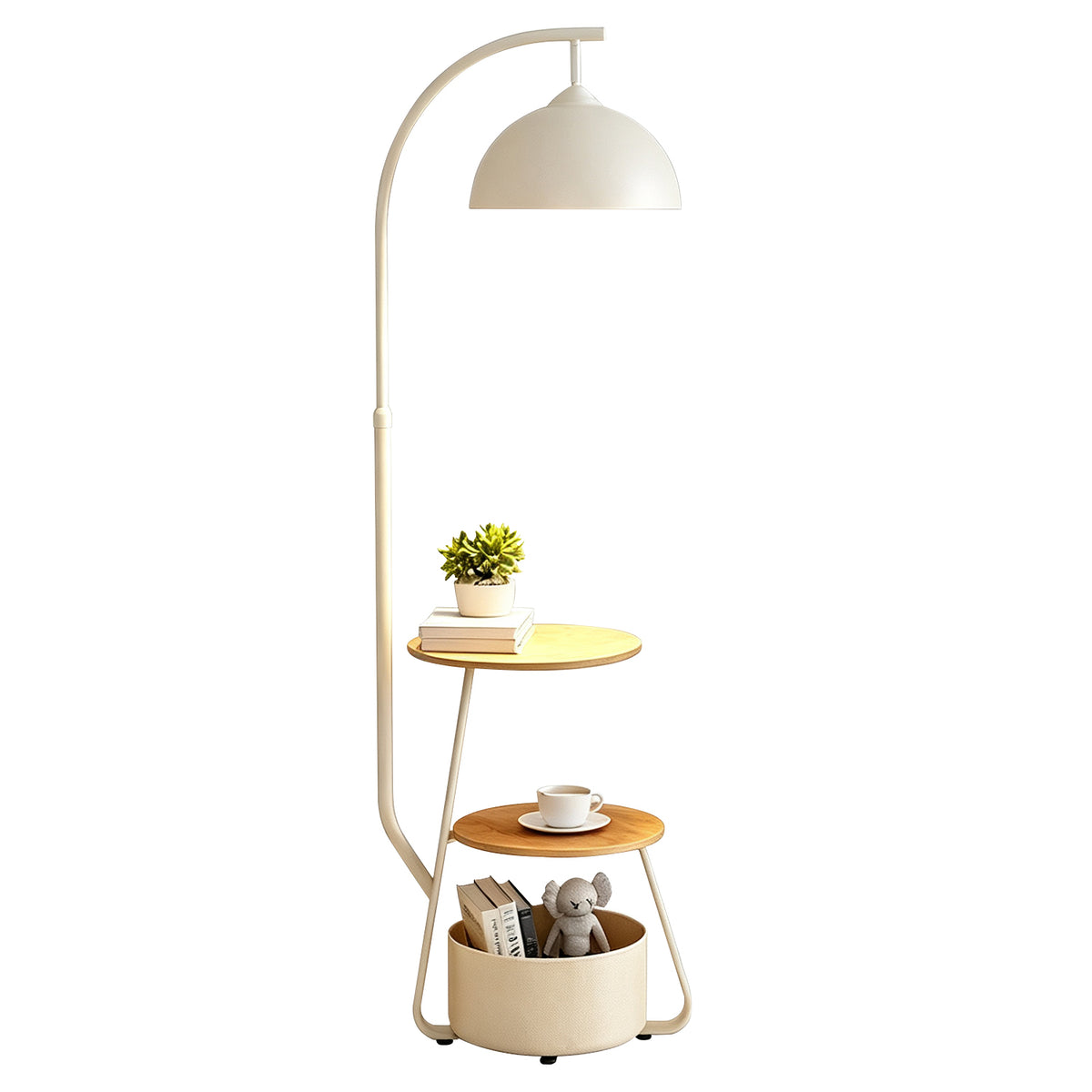 2-Tier Storage Floor Lamp, Modern Arc Standing Lamp with 2 Tier Shelves, Warm Light Tall Lamp for Living Room Bedroom, Black &amp; White Available