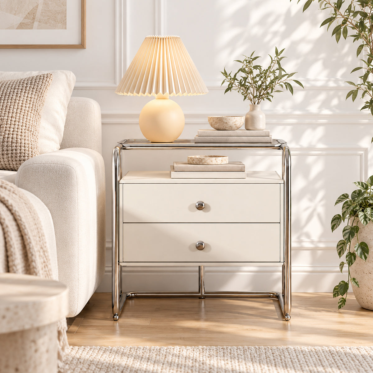 Modern Side Table with 2 Drawers, White End Table with Chrome Metal Base, Upholstered Drawer Front Nightstand for Living Room Bedroom
