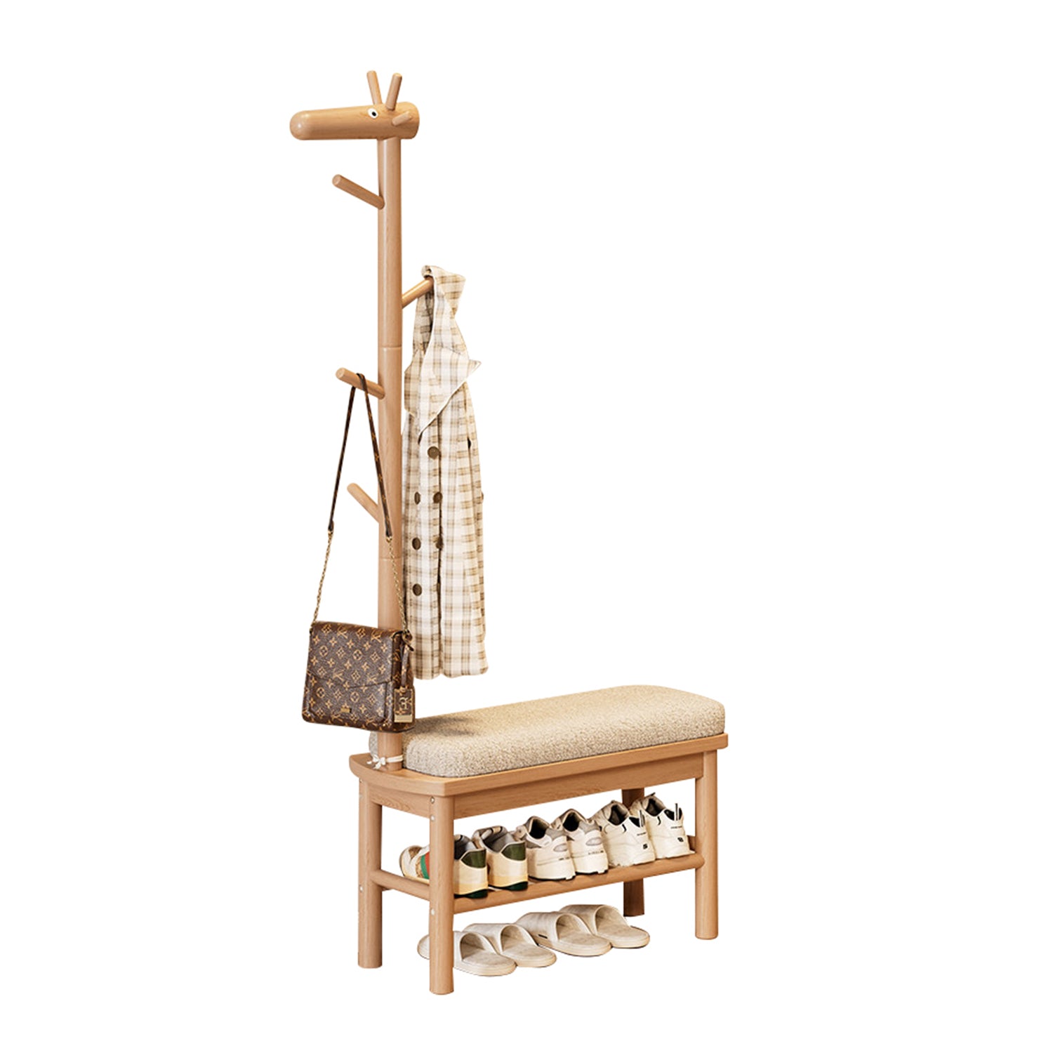 3-in-1 Natural Solid Wood Deer Shoe Bench with Coat Rack, Multi-Size Nordic Entryway Organizer