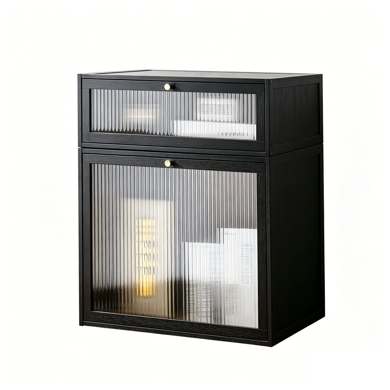 Stackable Black Bamboo Nightstand with Fluted Glass Door, Space-Saving for Small Bedrooms