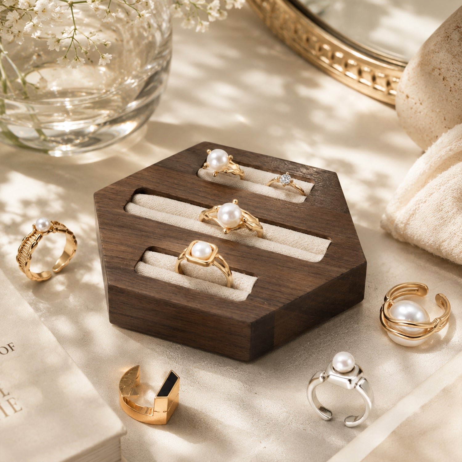 Hexagonal Walnut Ring Tray, Modern Geometric Wood Jewelry Organizer