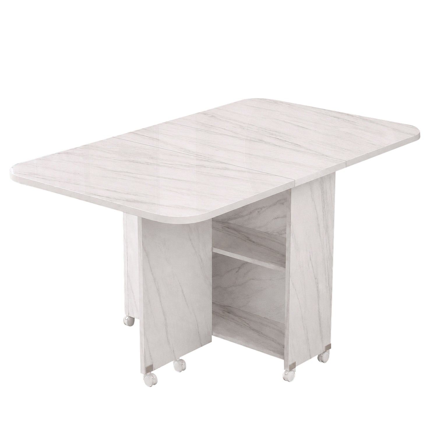 Rolling Foldable Dining Table with Storage Cabinet, White Marble Pattern Tabletop, 6 Sizes 100/120/140/150cm, Mobile Kitchen Table with Wheels