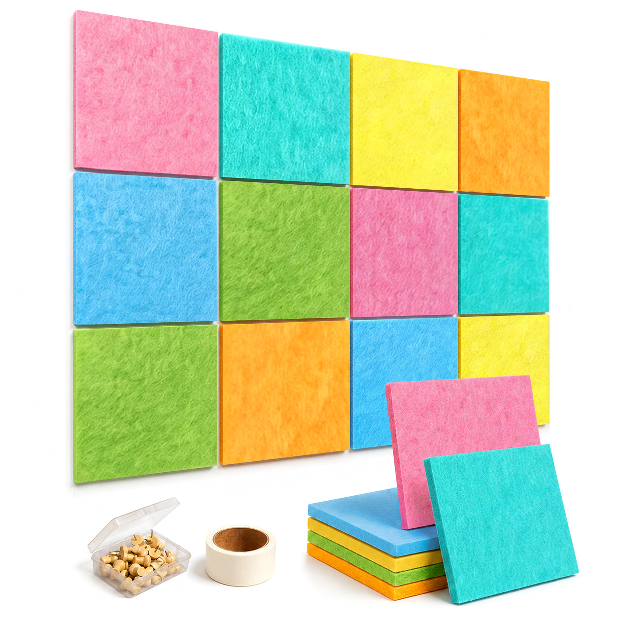 Felt Bulletin Board Tiles, Dopamine Burst Bright Energetic Self‑Adhesive Wall Pin Board, 6‑Pack /12‑Pack Options for Dorm Bedroom Decor
