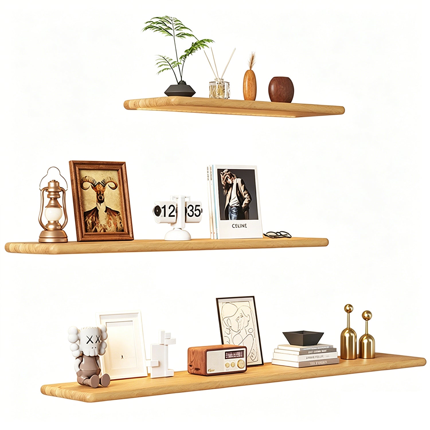 3‑Piece Natural Solid Pine Floating Shelves with LED Light Combo Set, 60/90/120cm Wall‑Mount Display Shelf for Nordic Feature Wall Decor