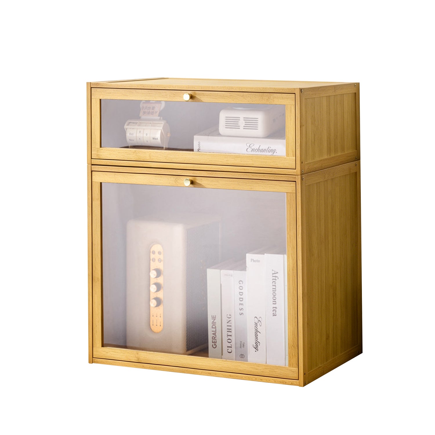 Stackable Natural Bamboo Nightstand with Clear Door, Space-Saving Small Bedroom Storage