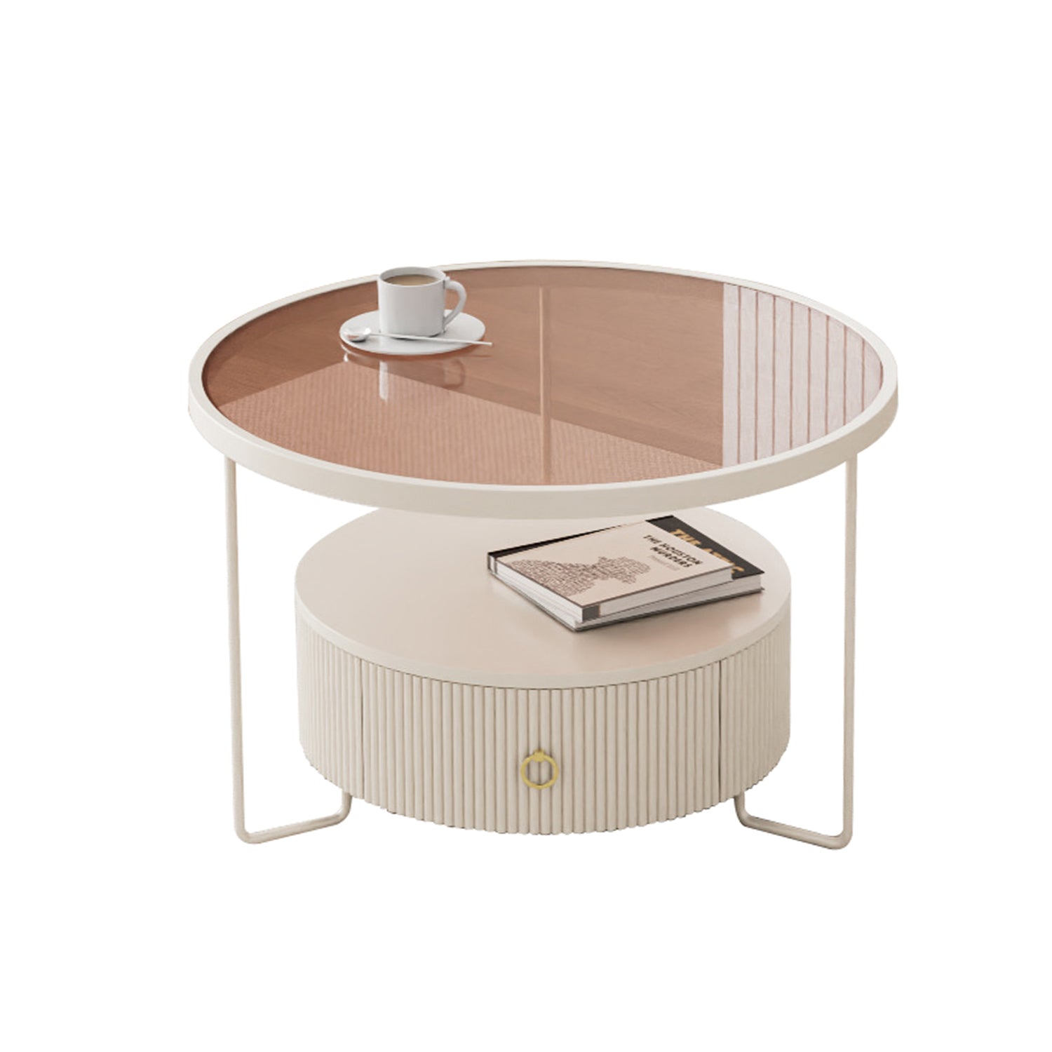 Cream White Frame Round Coffee Table with Smoked Tempered Glass Top & Fluted Storage Drawer, 3 Sizes 60/70/80cm for Living Room