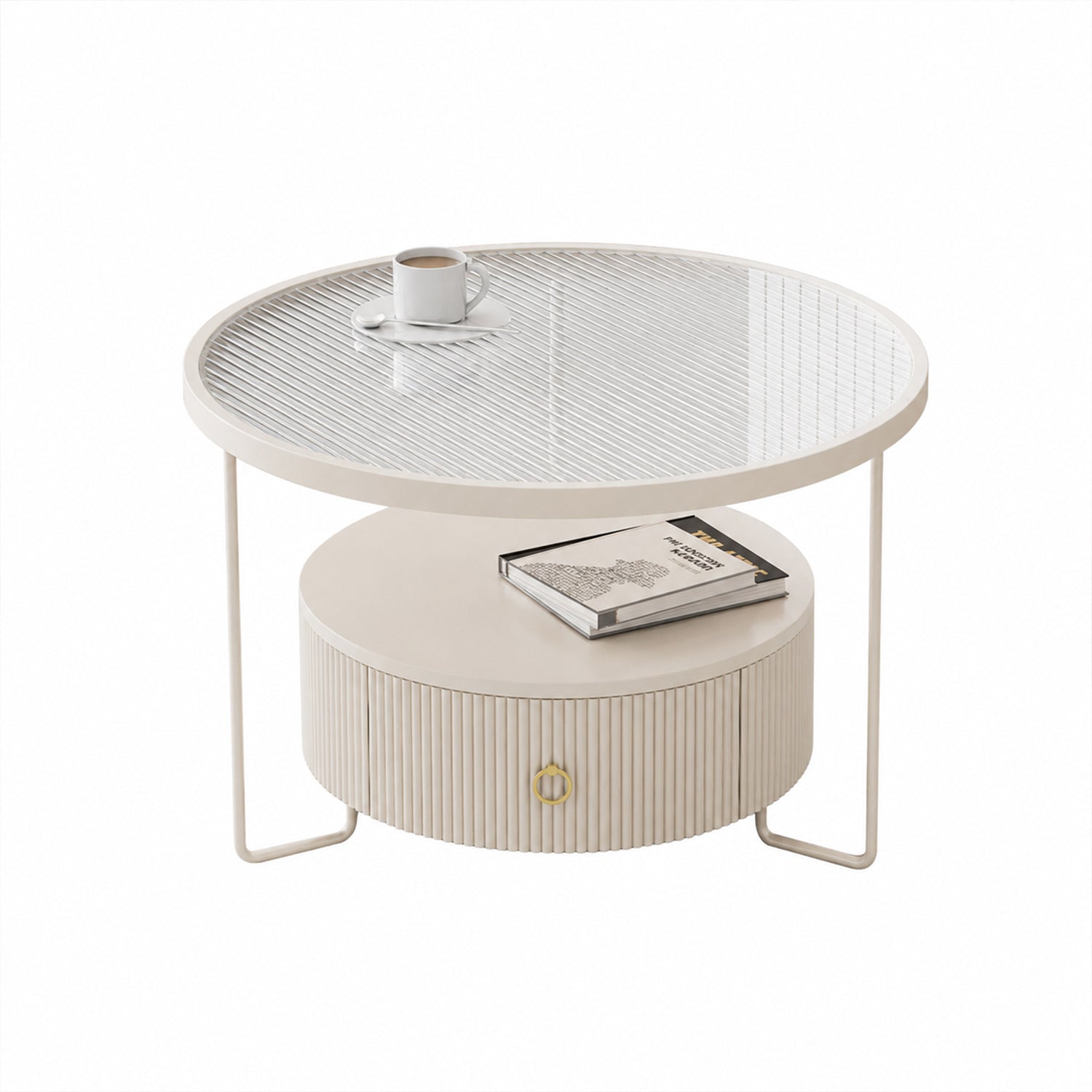 Cream White Frame Round Coffee Table, Fluted Storage Drawer, Smoked Glass / Reeded Glass Top, 60/70/80cm Sizes for Living Room