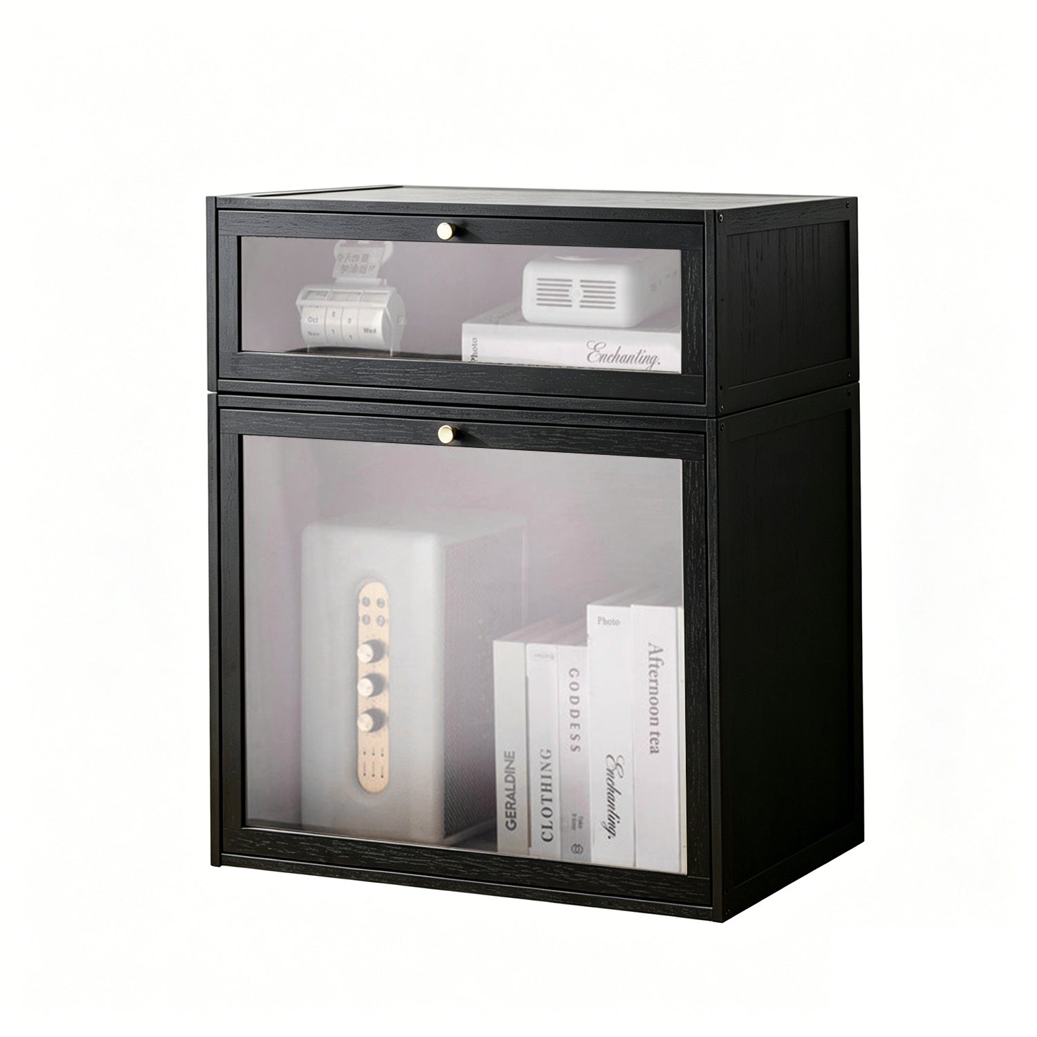 Stackable Black Bamboo Nightstand with Clear Door, Modern Space-Saving Storage