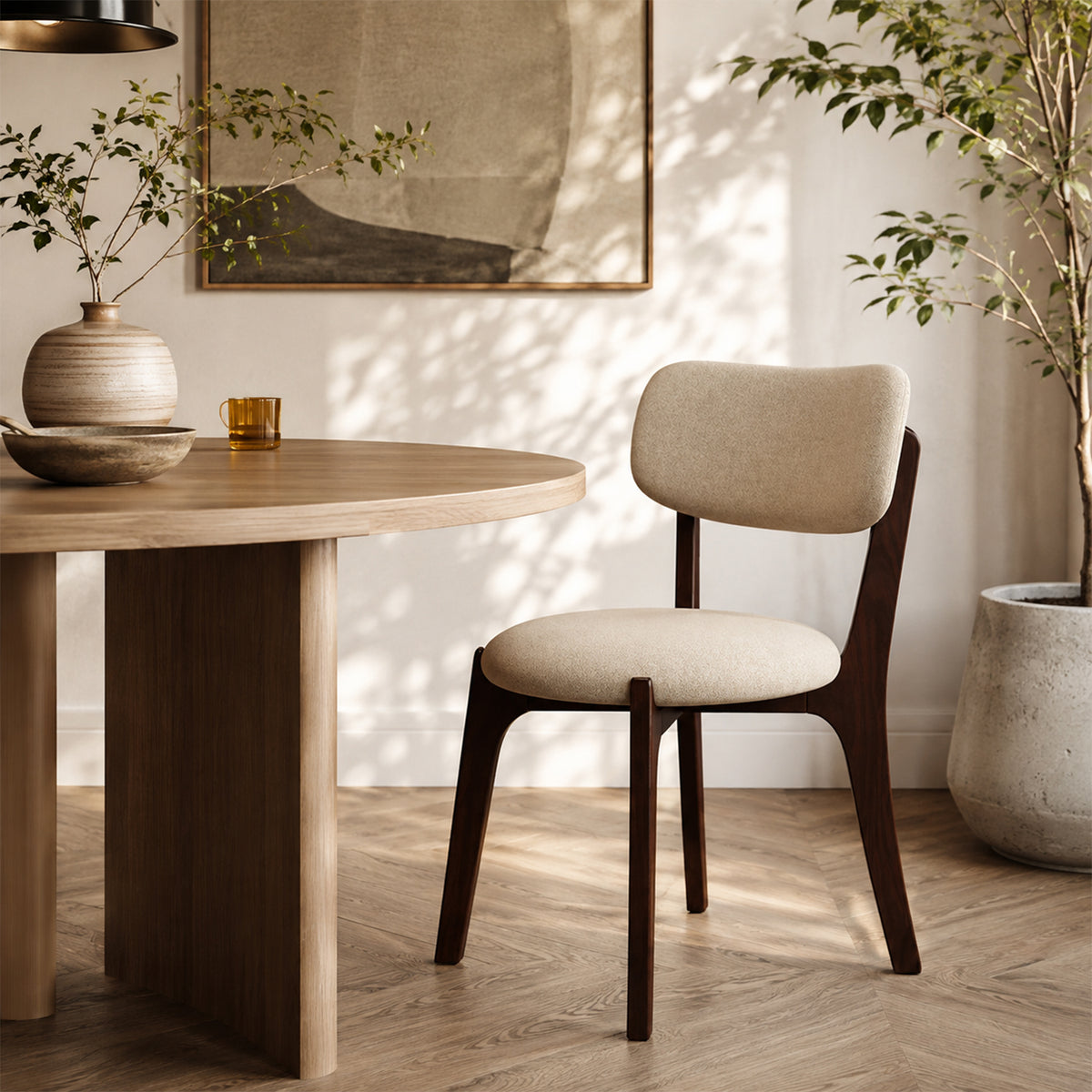 Padded Solid Wood Dining Chairs, White Oak Frame with Ivory White Cushion, 1/2 Pieces Set, Ergonomic Upholstered Side Chair for Kitchen Dining Room