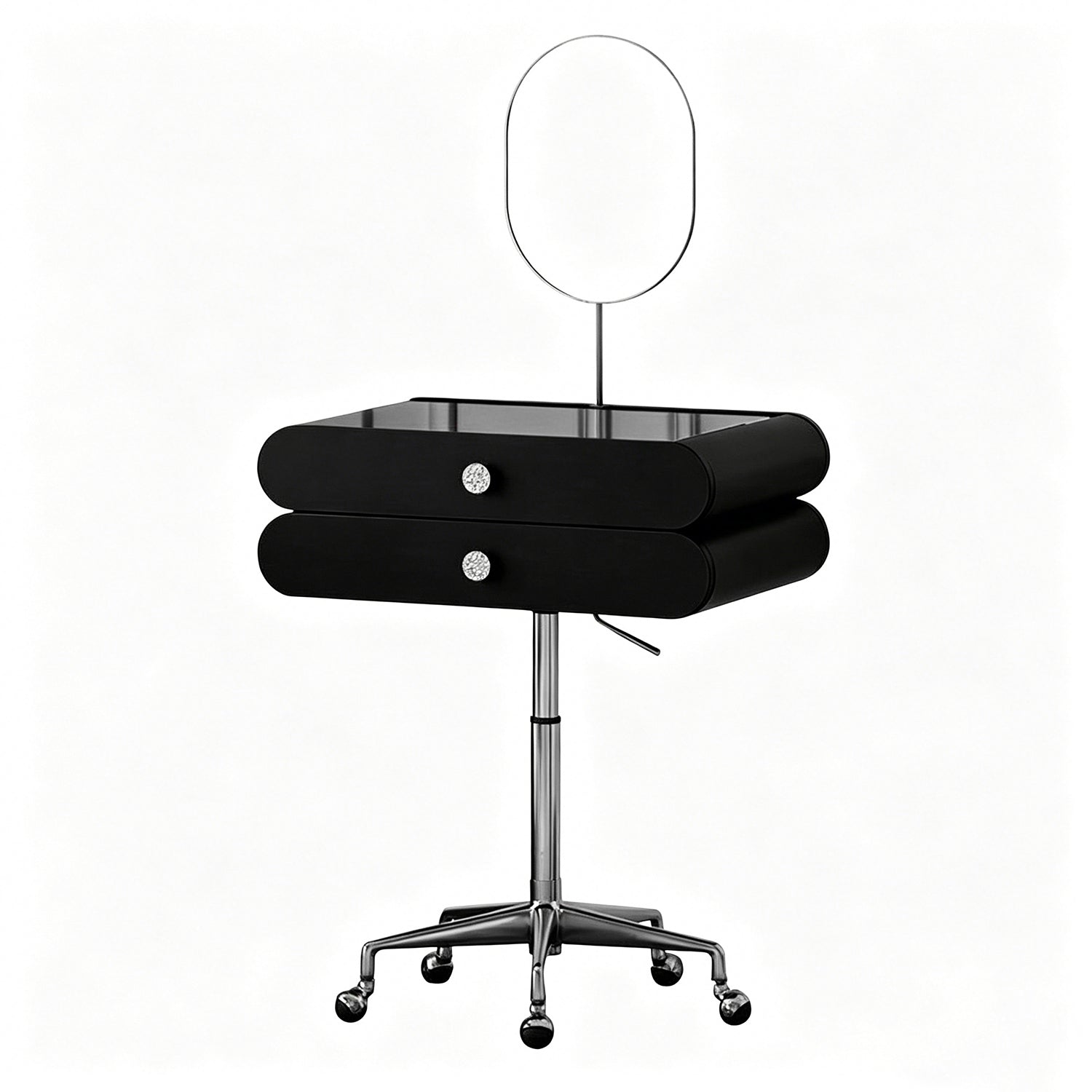 Nordic Black Movable Bedside Vanity Table, 2-in-1 Rolling Nightstand with Mirror