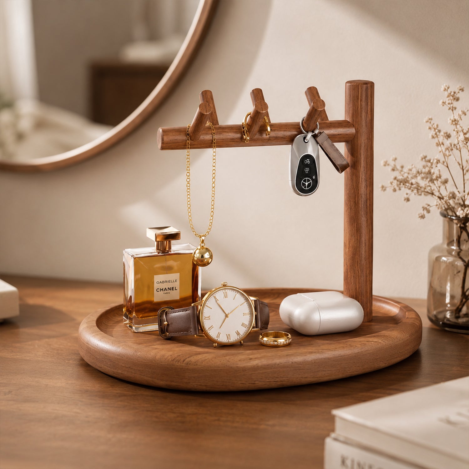 Single Post Walnut Key & Jewelry Storage Stand