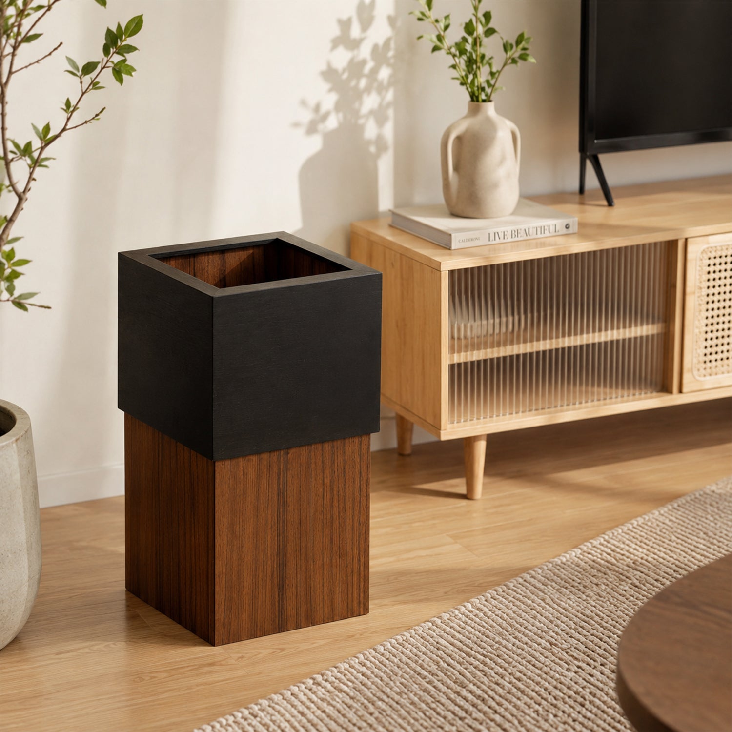 Short Two‑Tone Wooden Trash Can (Black Top + Walnut Bottom), Sleek Nordic Waste Bin, 8L