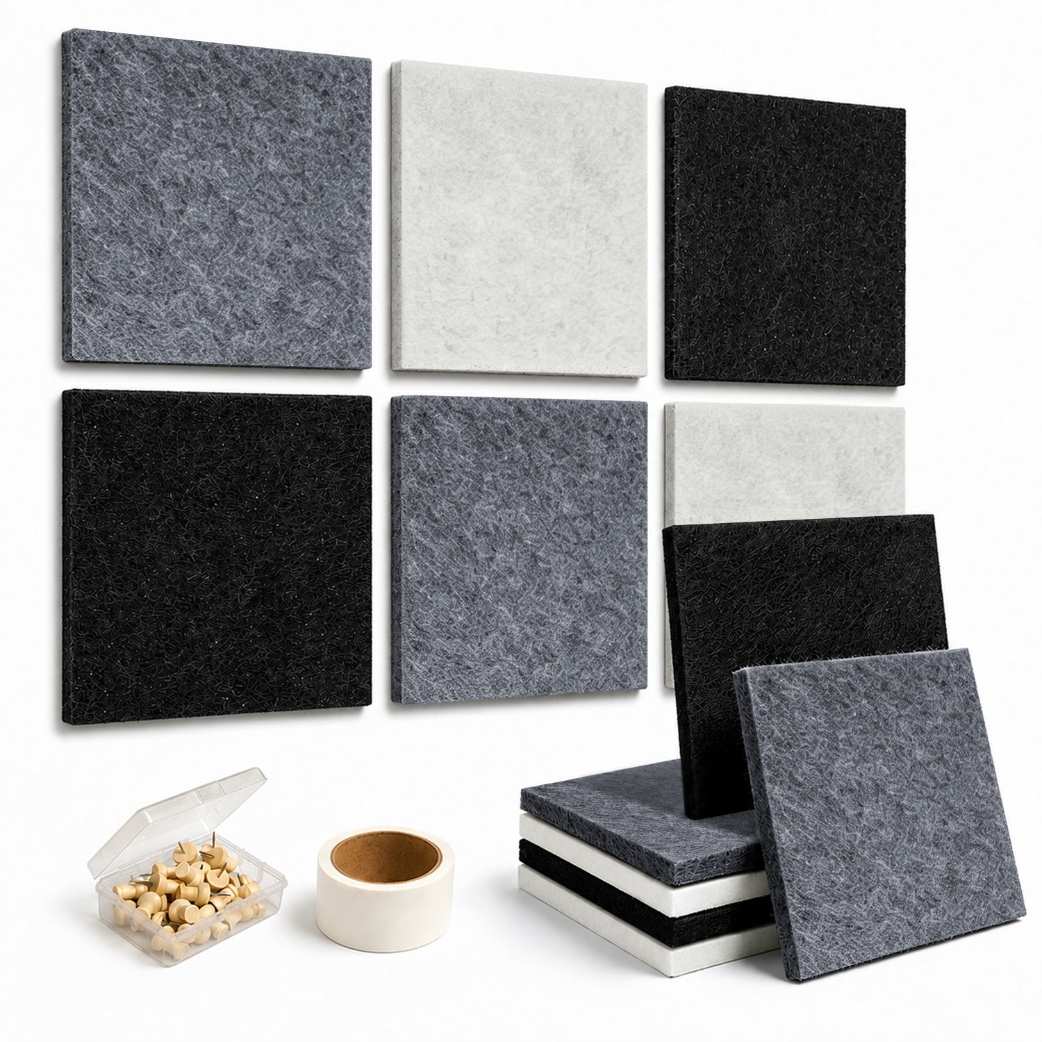 6 Pack Felt Bulletin Board, Monochrome Black White Grey Felt Pin Board for Wall, Self‑Adhesive Display Tiles for Modern Office Bedroom Decor