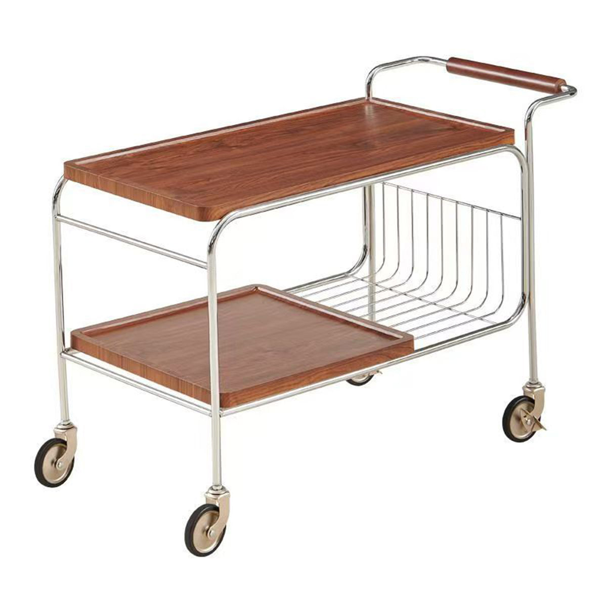 Multifunctional Rolling Side Table with Wheels, 2-Tier Storage Cart, Chrome Iron Frame Particle Board Mobile End Table for Living Room Bedroom Kitchen