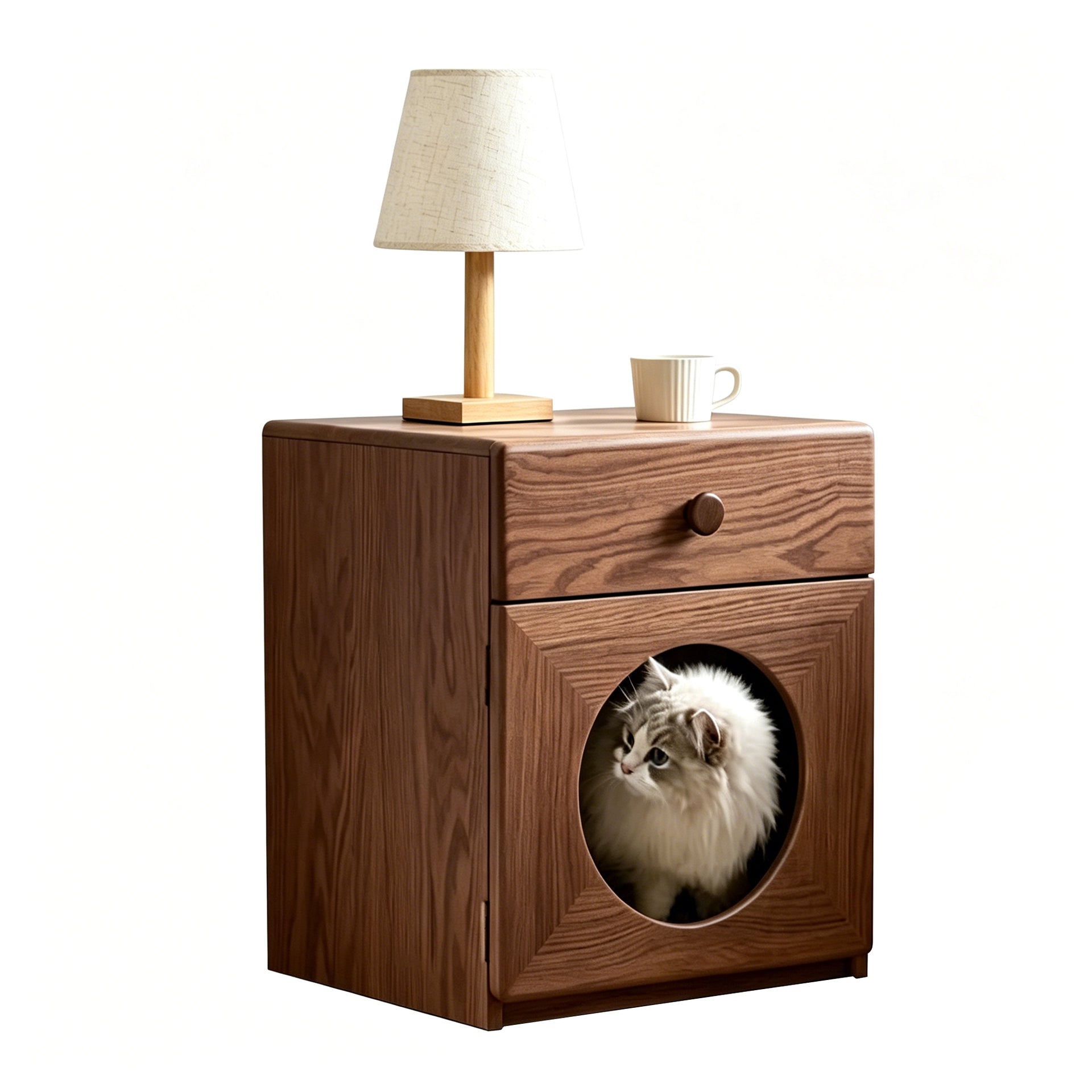 Scandinavian Walnut Cat Bed Nightstand, Multi-Functional Pet Side Table