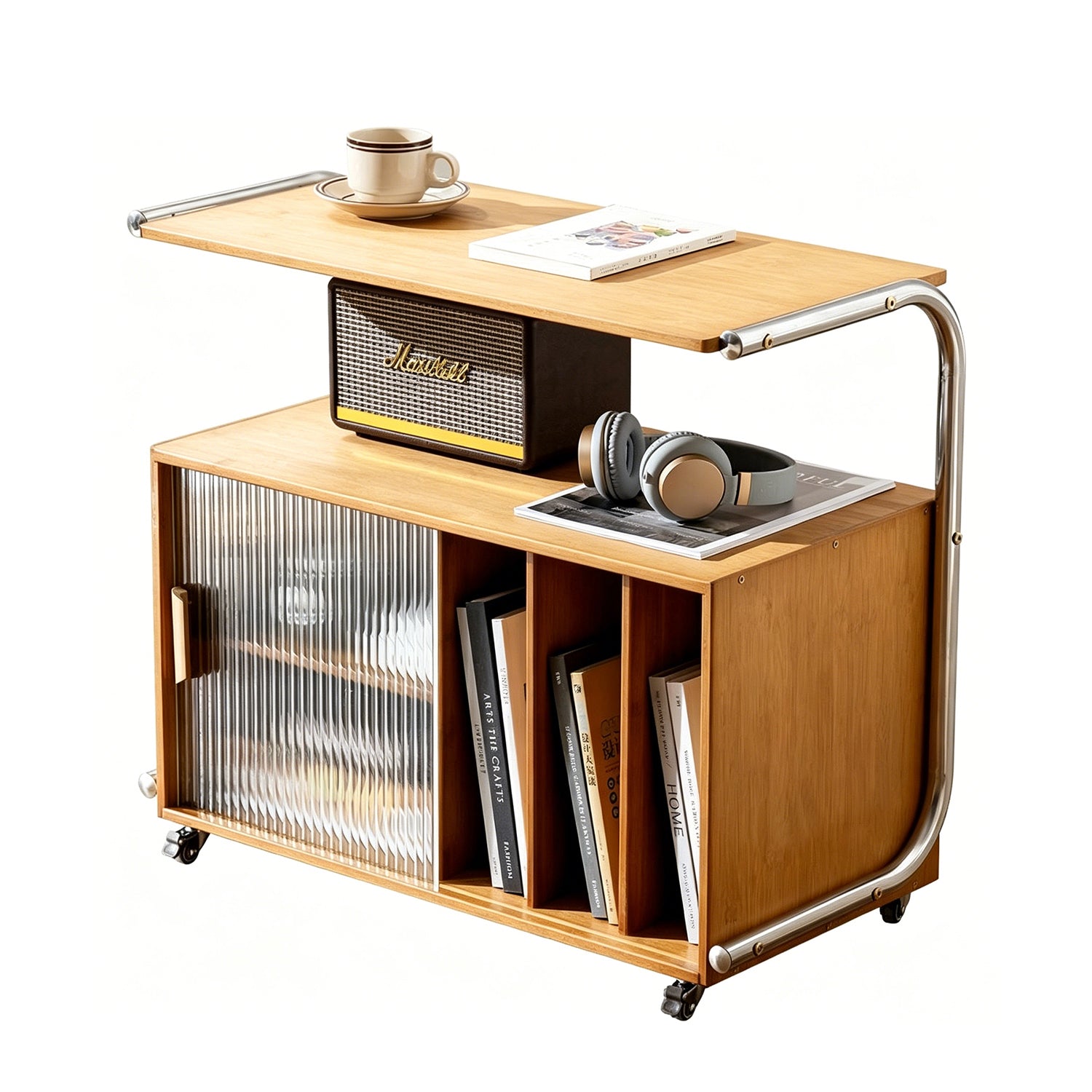 Rolling Side Table with Storage Cabinet, 3-Color Nordic Mobile End Table for Living Room &amp; Bedroom