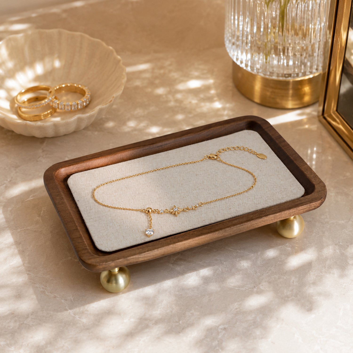 Rectangular Walnut Jewelry Tray, Spacious Natural Wood Organizer for Large Collections