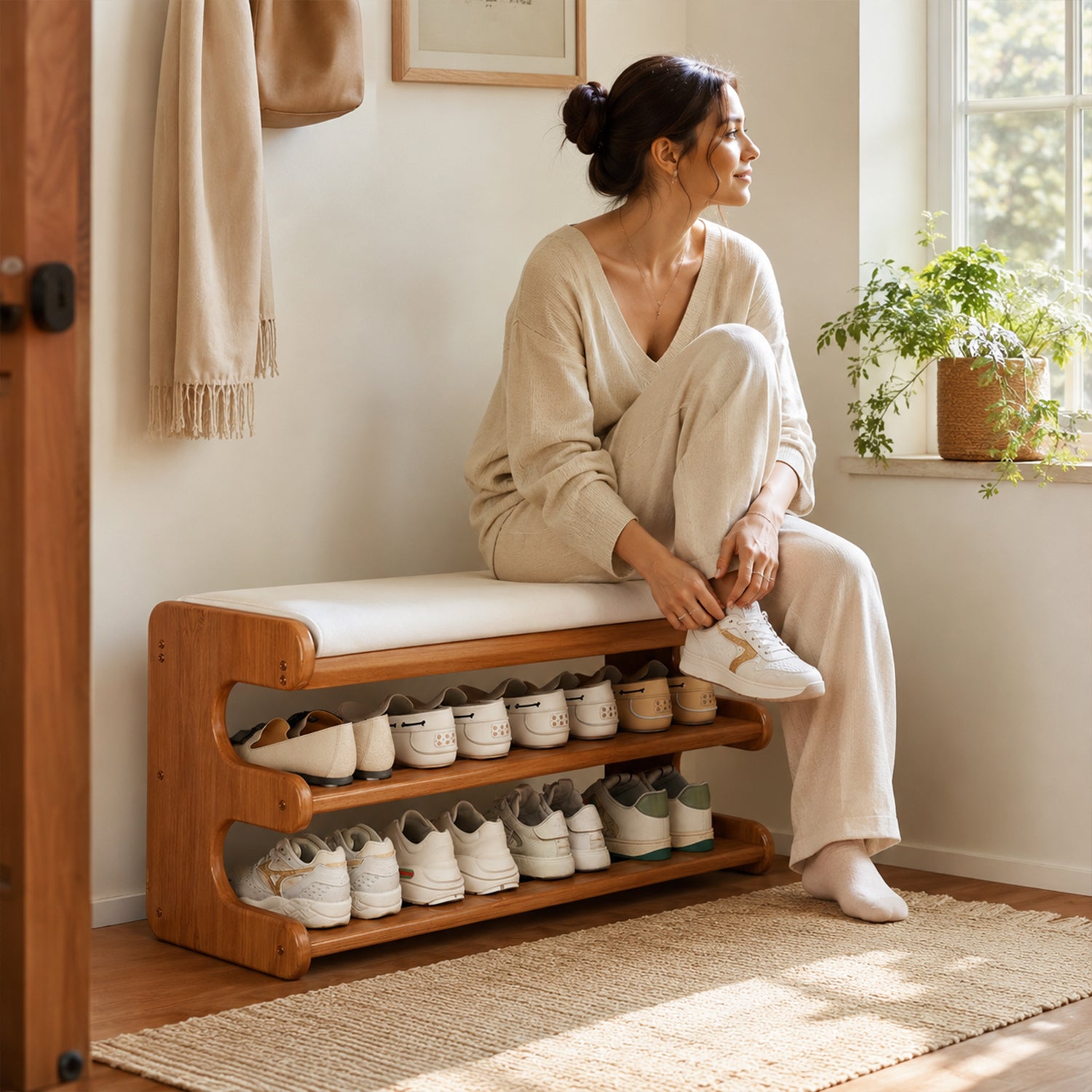 White E‑Shape Shoe Bench, Minimalist Entryway Stool with Storage
