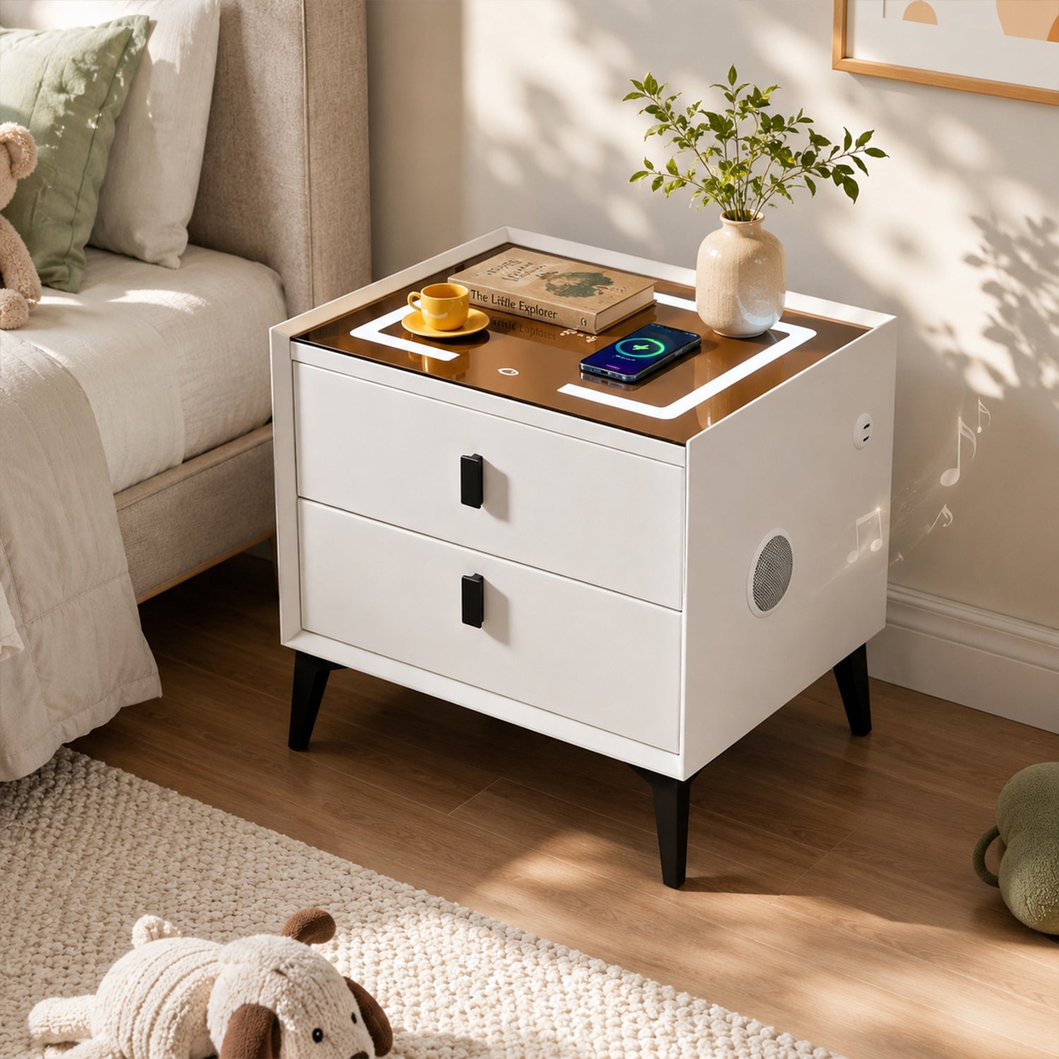 Smart Nightstand with Bluetooth Speaker, Wireless Charging, USB Port, 3 Color LED Lights & 2 Storage Drawers, Modern Bedroom End Table