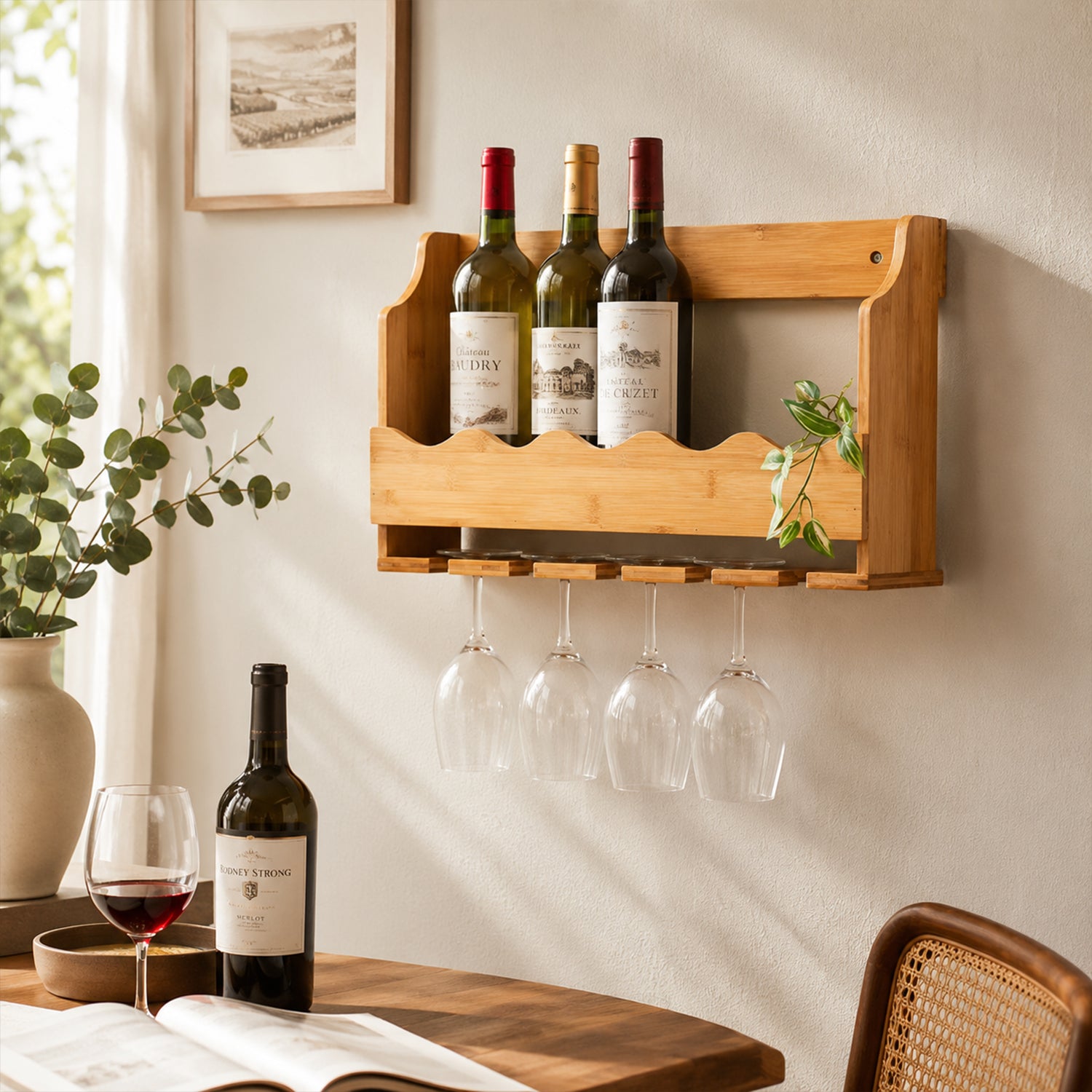 Wall Mount Solid Wood Wine Rack, Hanging Wine Bottle & Glass Holder for Kitchen & Dining Room