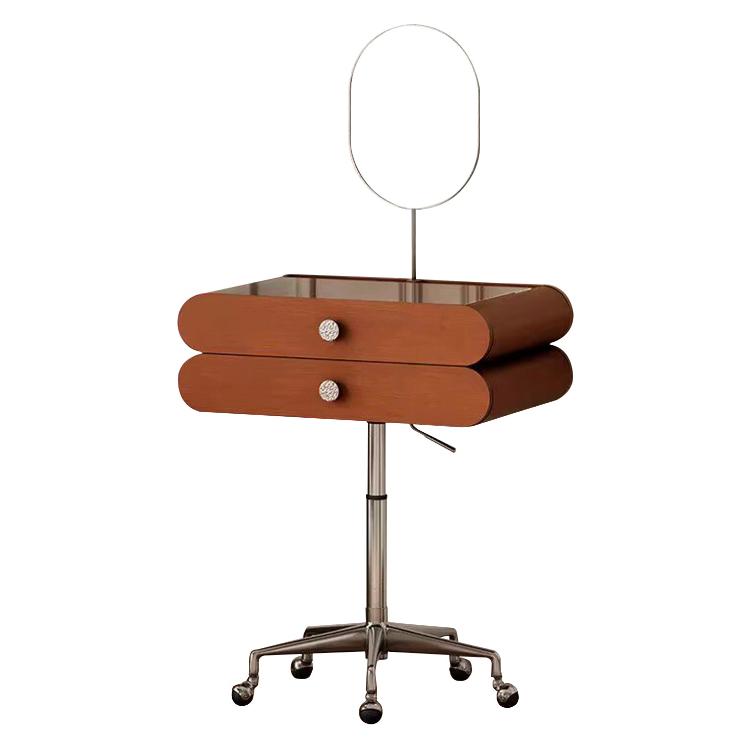 Nordic Walnut Movable Bedside Vanity Table, 2-in-1 Rolling Nightstand with Mirror
