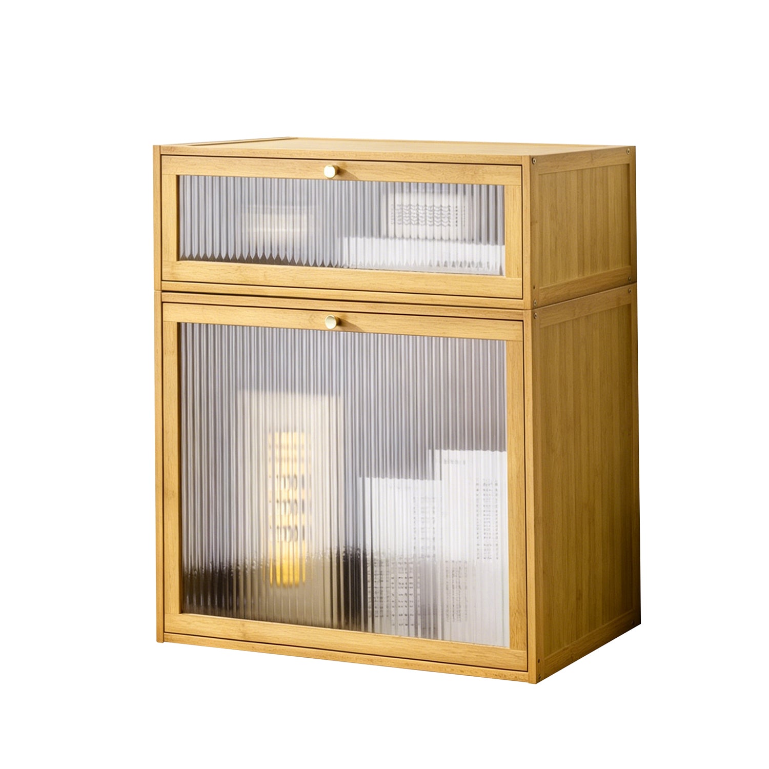 Stackable Natural Bamboo Nightstand with Fluted Glass Door, Space-Saving Small-Space Furniture