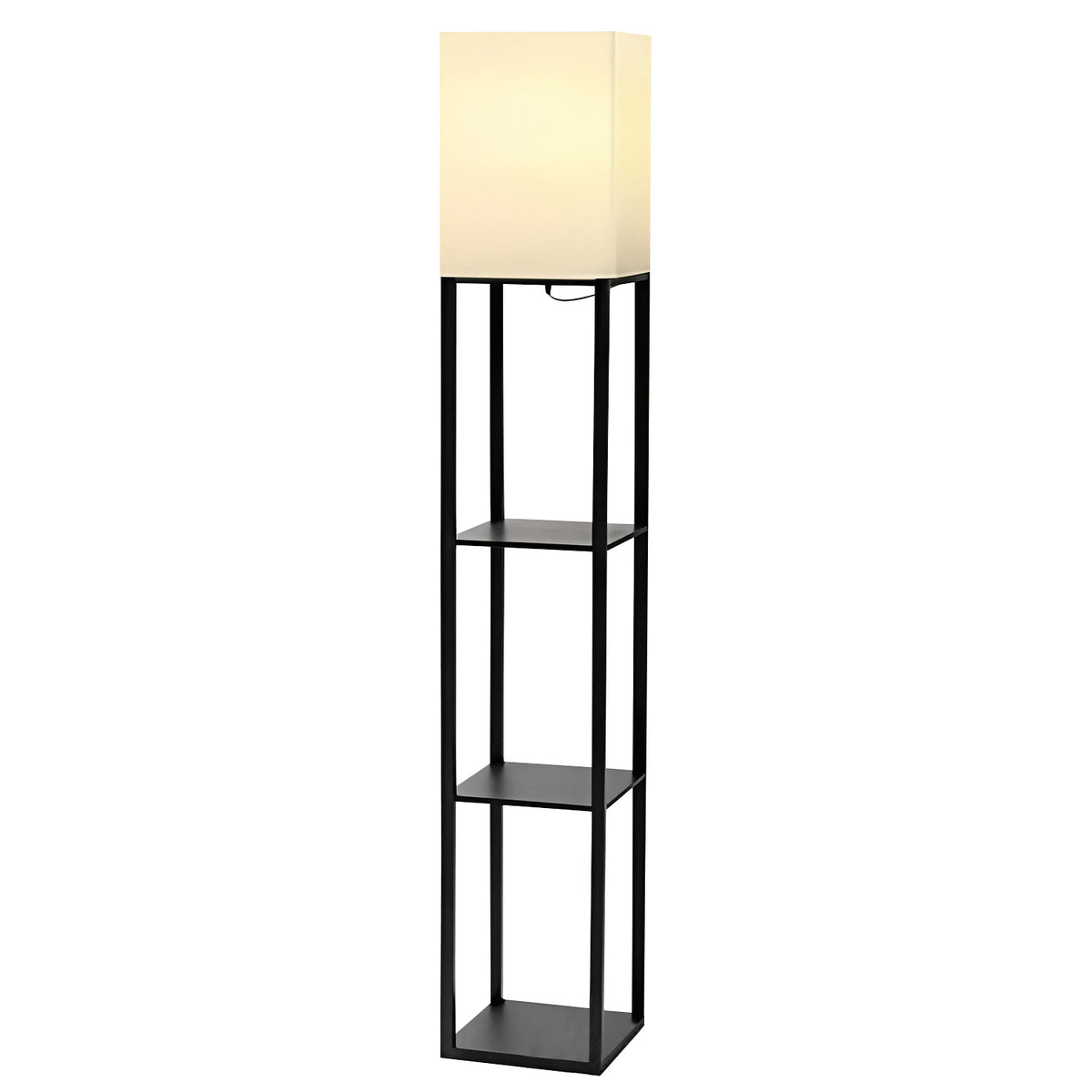 3‑Tier Square Storage Shelf Floor Lamp, Black Metal Frame Standing Lamp with Fabric Shade, Warm Light Corner Display Floor Light for Bedroom Living Room