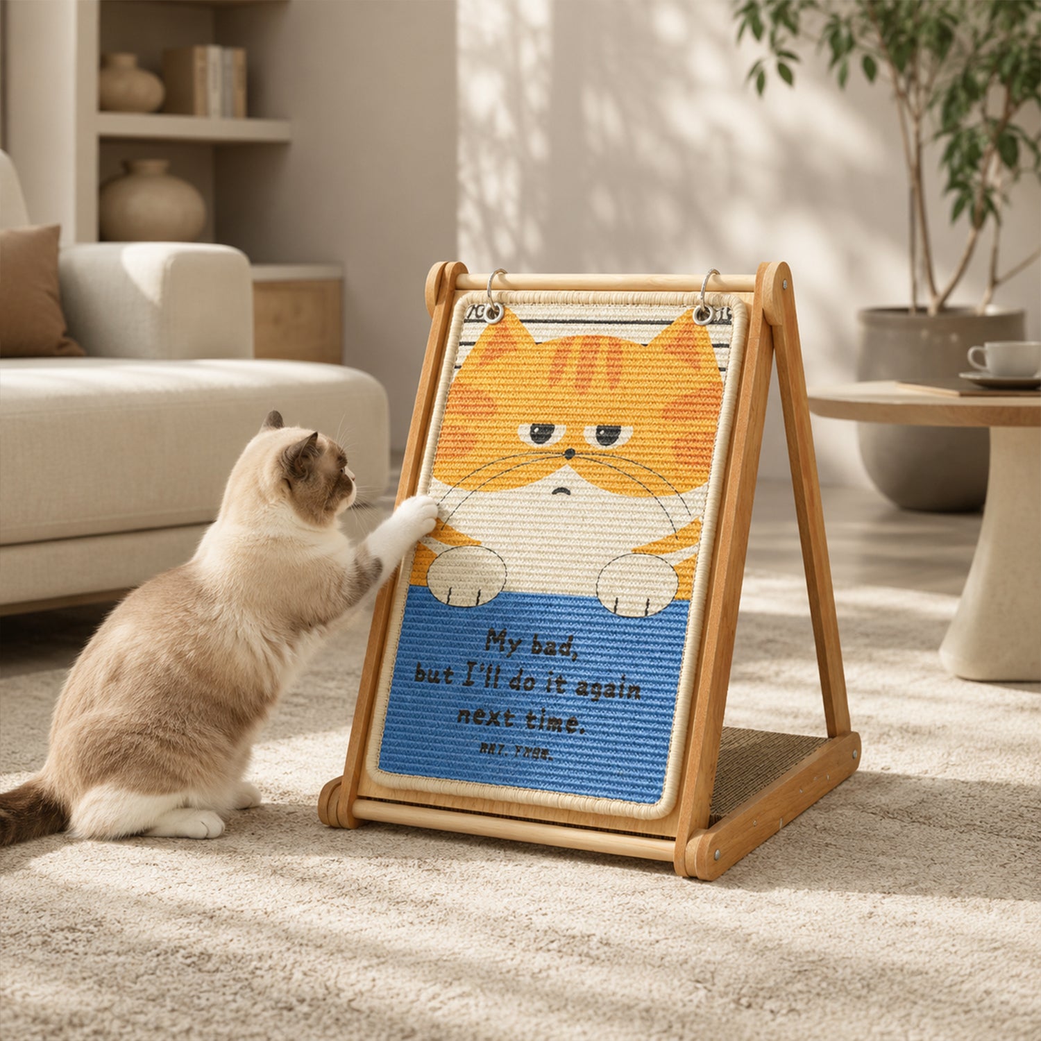 Cartoon Cat Pattern A Frame Cat Scratcher, Wear-resistant Vertical Cardboard Scratching Pad with Wooden Stand