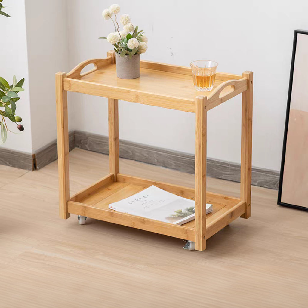Nordic Bamboo Board End Table with Wheels, 2-Tier Rolling Side Table