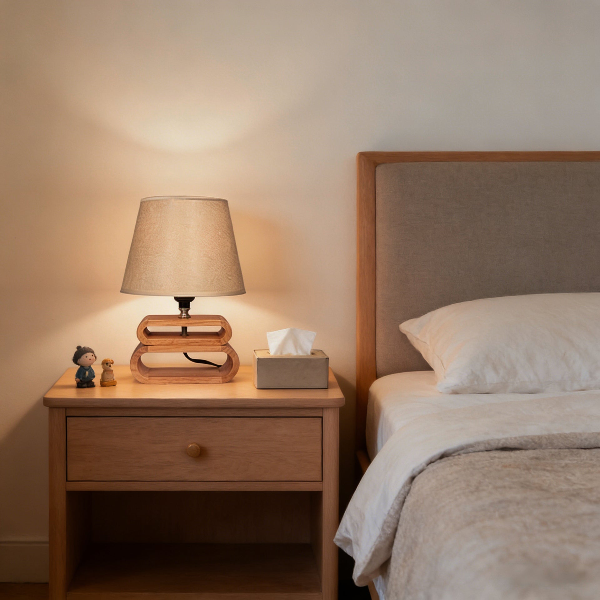 Nordic Double-Layer Ellipse Wooden Table Lamp, Natural Wood Bedside Lamp