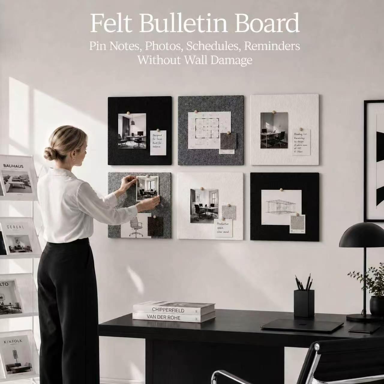 6 Pack Felt Bulletin Board, Monochrome Black White Grey Felt Pin Board for Wall, Self‑Adhesive Display Tiles for Modern Office Bedroom Decor