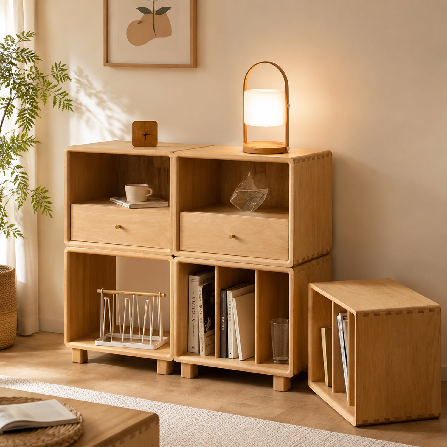 Freely Combinable Pine Wood Storage Cubes - Stackable Modular Solid Wood Bookcase