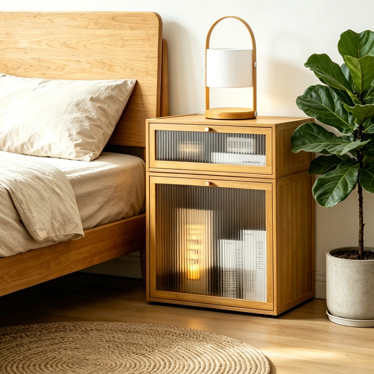 Stackable Natural Bamboo Nightstand with Fluted Glass Door, Space-Saving Small-Space Furniture