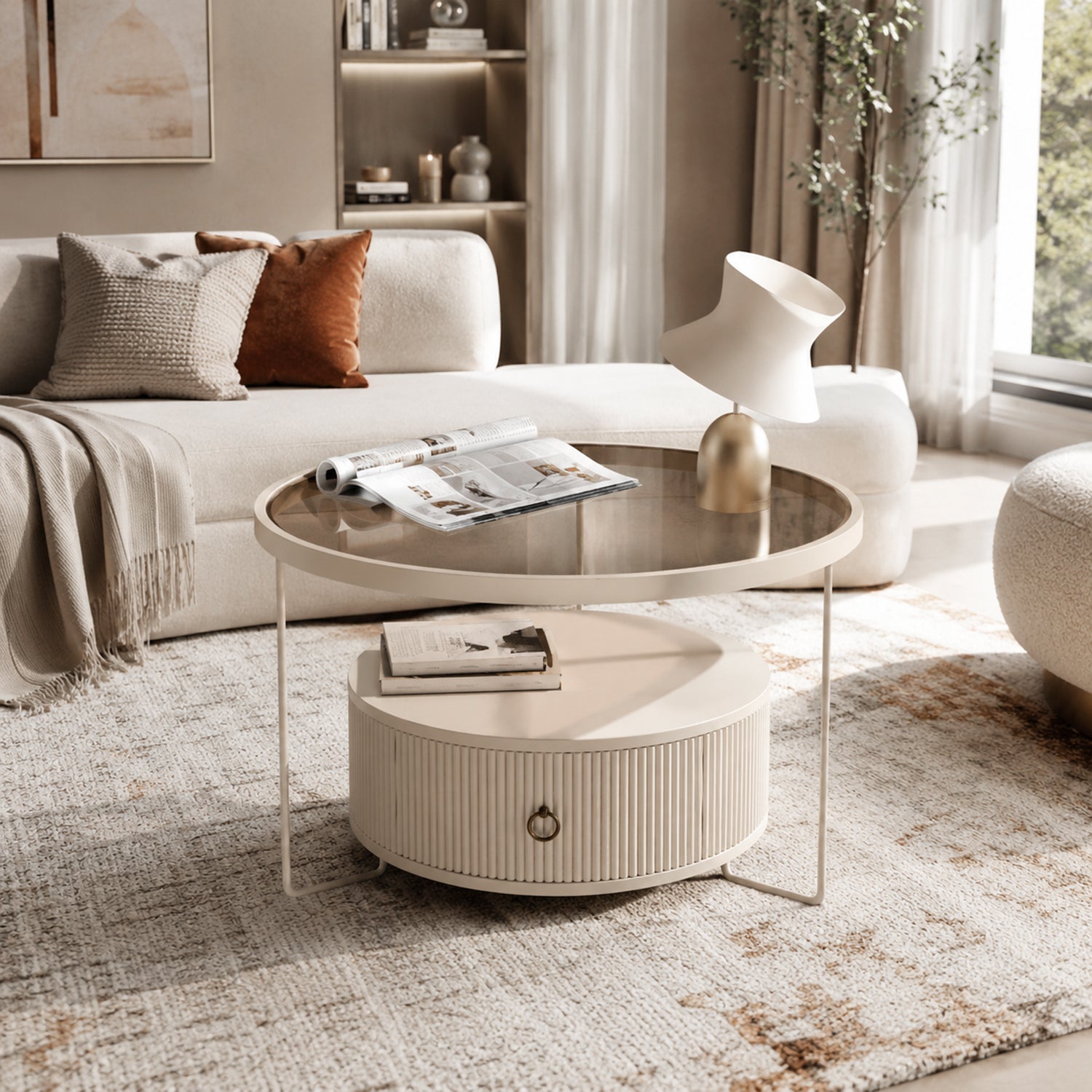 Cream White Frame Round Coffee Table with Smoked Tempered Glass Top & Fluted Storage Drawer, 3 Sizes 60/70/80cm for Living Room