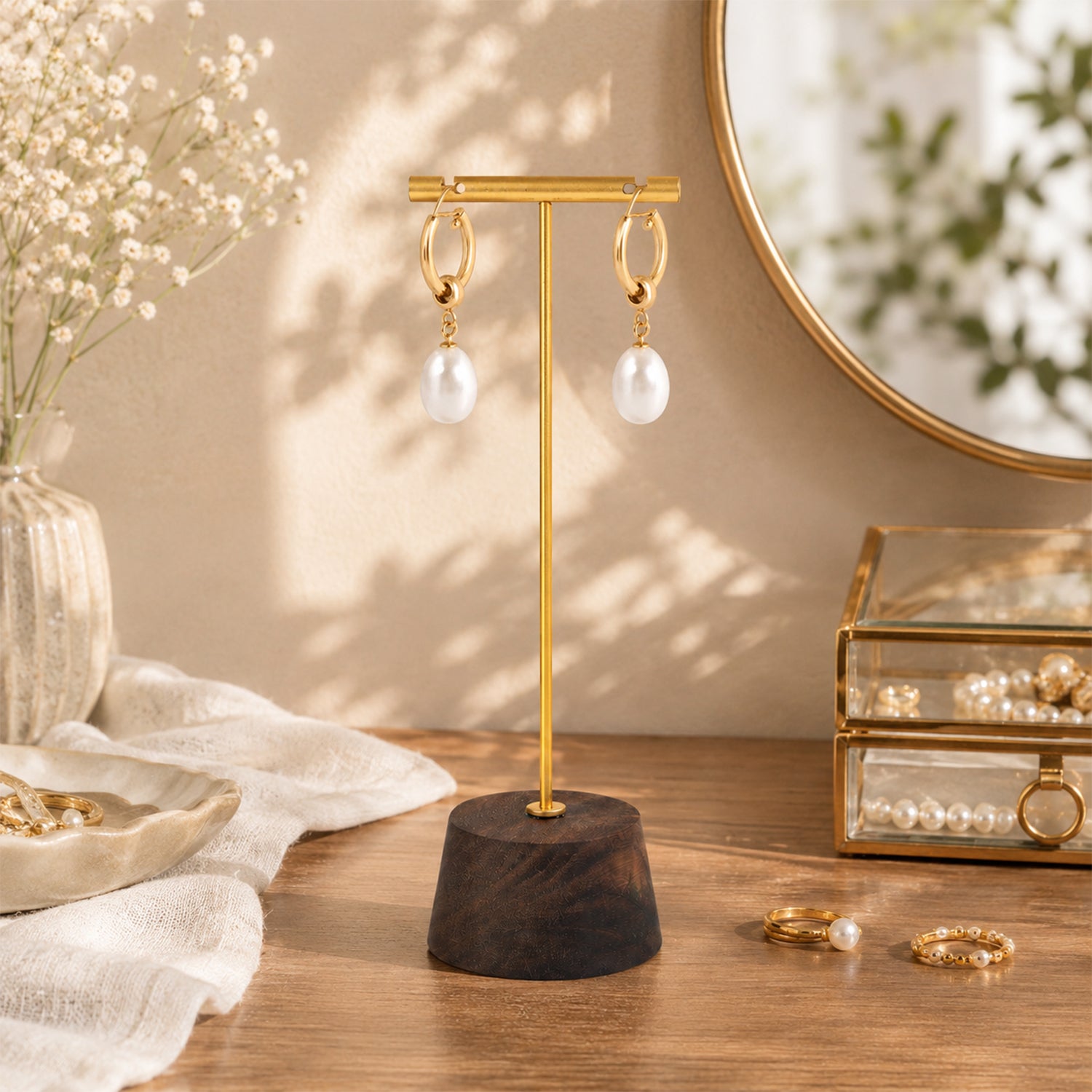 Walnut Wood Earring Stand, Natural Wood Jewelry Display Rack for Studs & Dangle Earrings