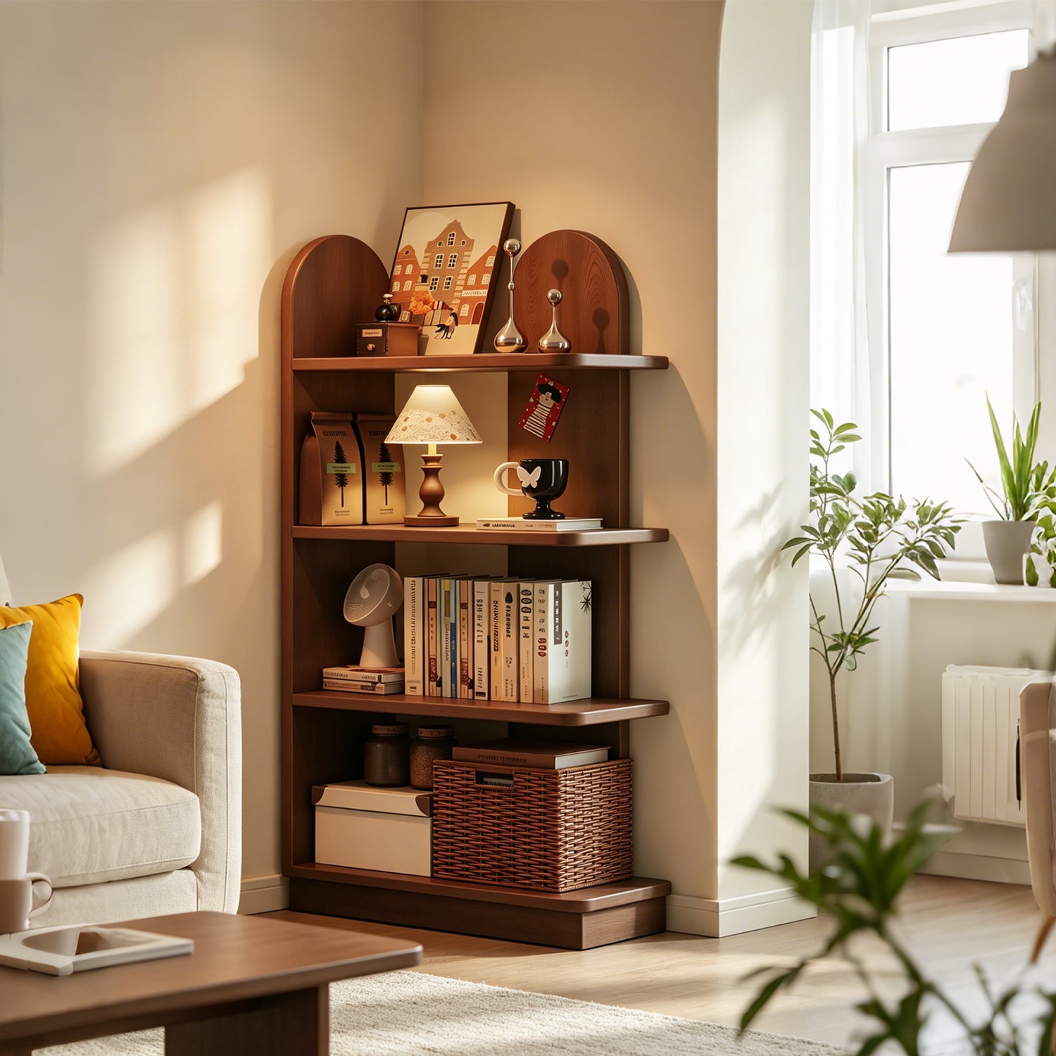 4 Tier Solid Wood Corner Bookshelf, Walnut Brown Left & Right Side Versions, Space Saving Corner Storage Shelf 48×24×119.5cm for Living Room Study Bedroom