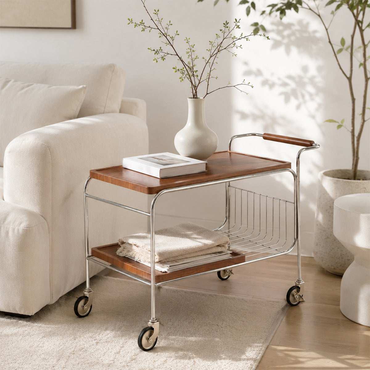 Multifunctional Rolling Side Table with Wheels, 2-Tier Storage Cart, Chrome Iron Frame Particle Board Mobile End Table for Living Room Bedroom Kitchen