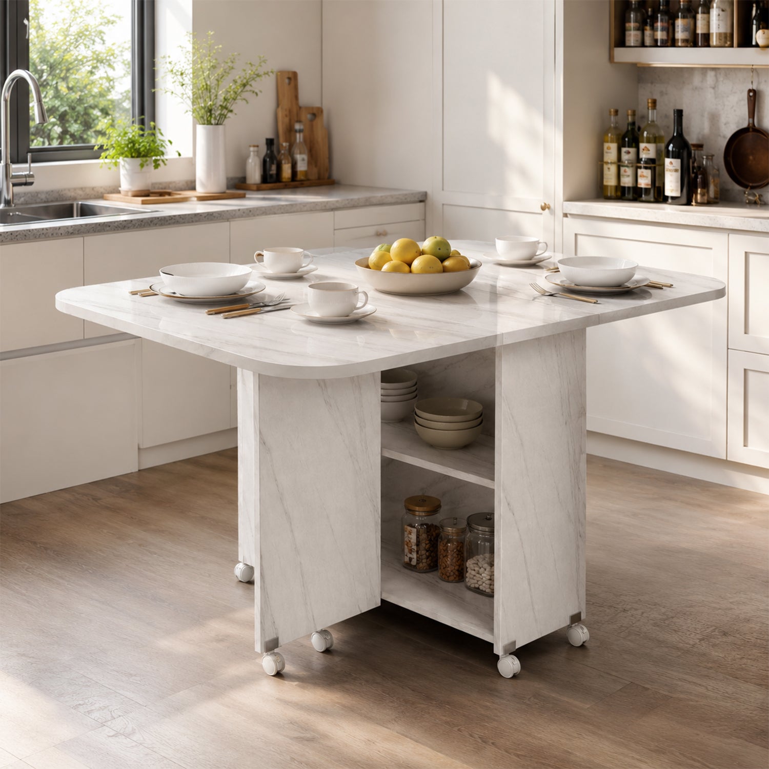 Rolling Foldable Dining Table with Storage Cabinet, White Marble Pattern Tabletop, 6 Sizes 100/120/140/150cm, Mobile Kitchen Table with Wheels