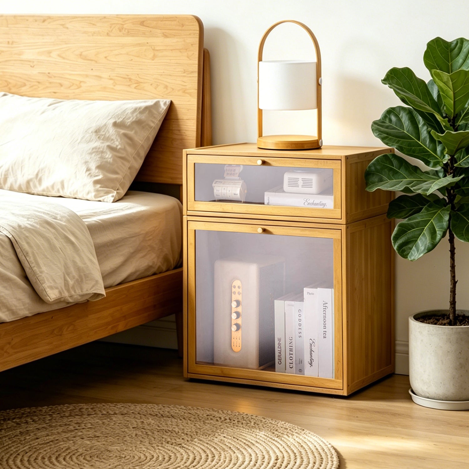 Stackable Natural Bamboo Nightstand with Clear Door, Space-Saving Small Bedroom Storage